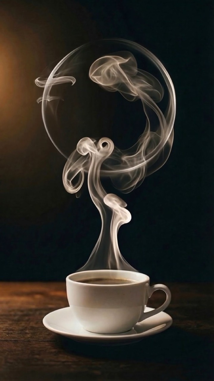 La vapeur d'une tasse de café dessine une forme dans la pénombre.