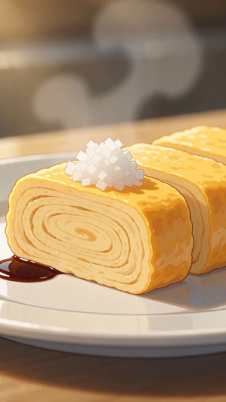 Une omelette roulée tamagoyaki tranchée sur une planche, style animé.